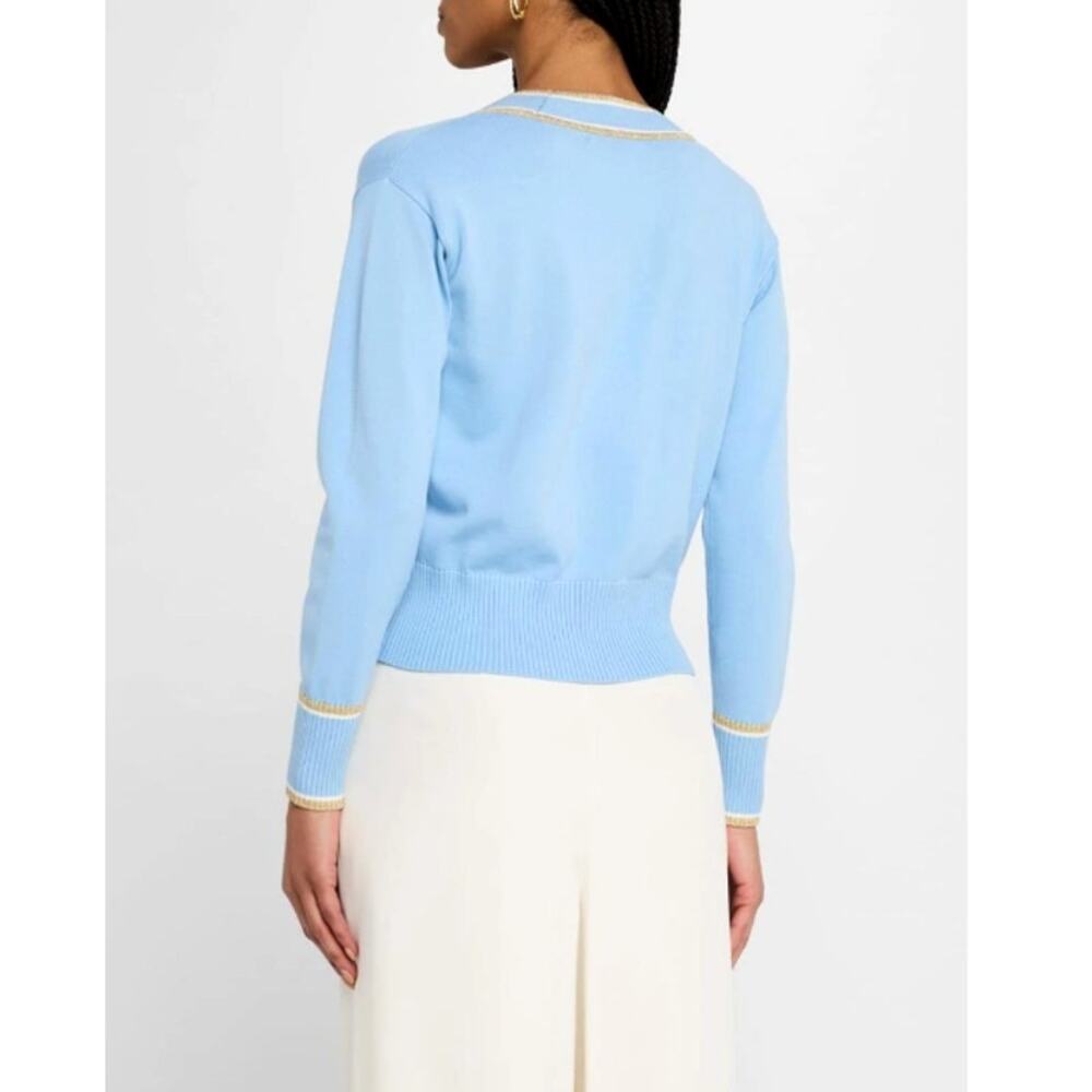 Elie Tahari Fountian Blue Gold Stripe The Kiva Shimmer-Trim Knit Cardigan Size S - Picture 2 of 11